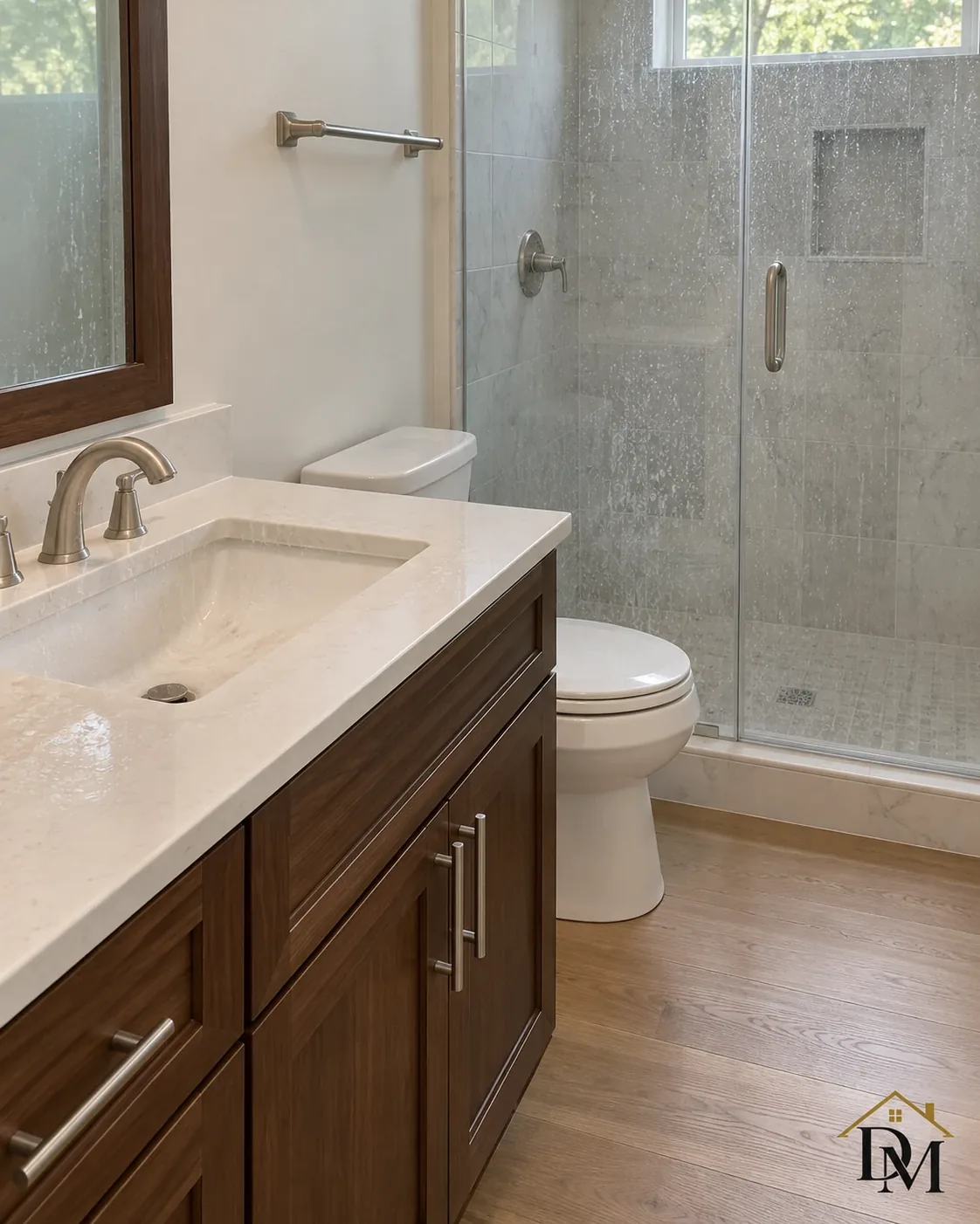 Before move-in: our caddy sits on the pale tile beside the black-framed glass shower.