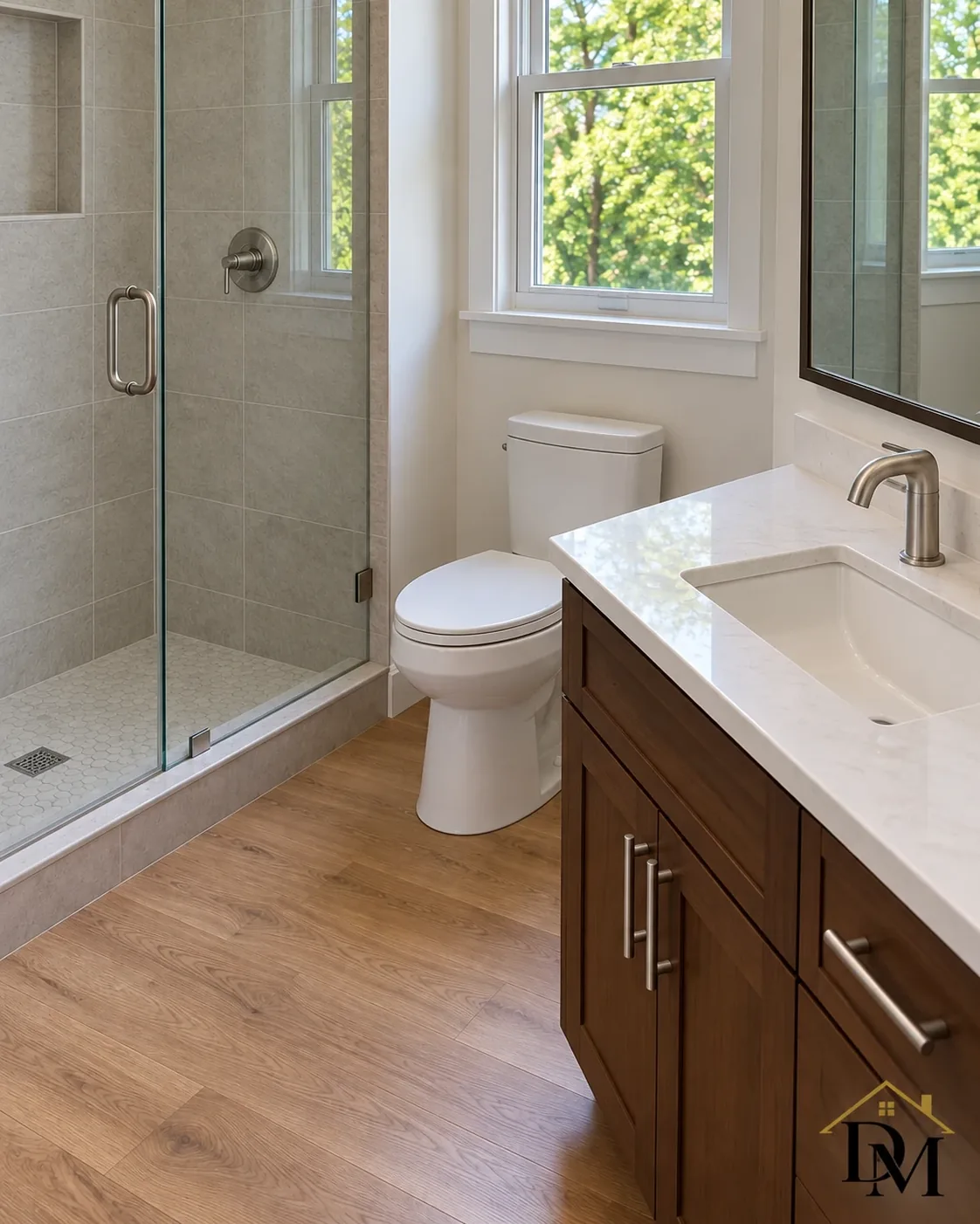 Hand-off, view B: the bathroom floor left bare by the gray vanity.
