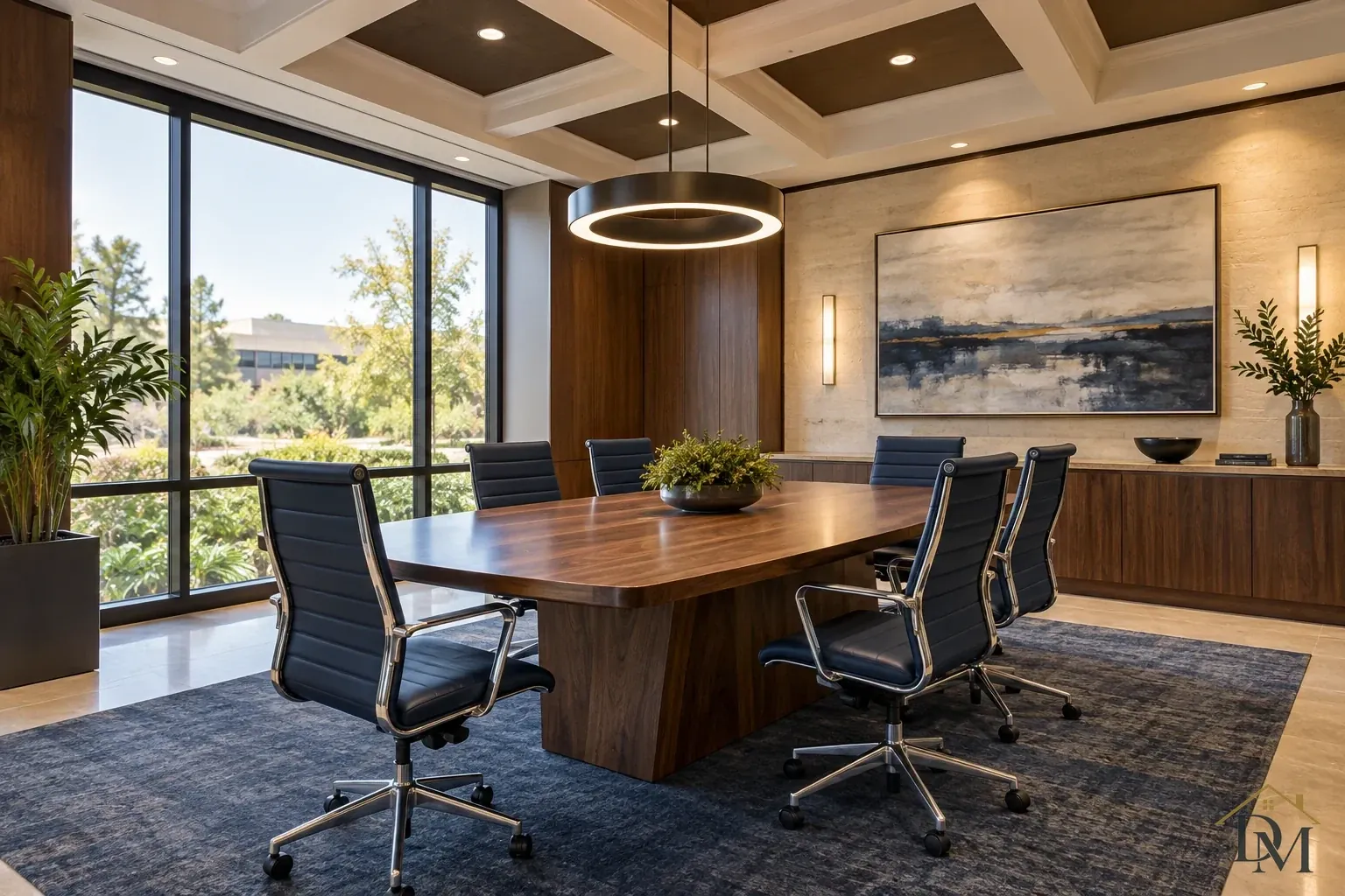 Wood conference table with navy rolling chairs beneath a dark ring pendant, beside tall windows and a coffered ceiling.