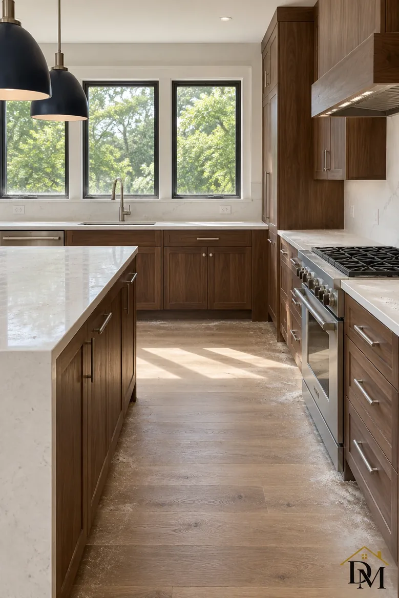 First look: towels over counter and tub, mat off-center.