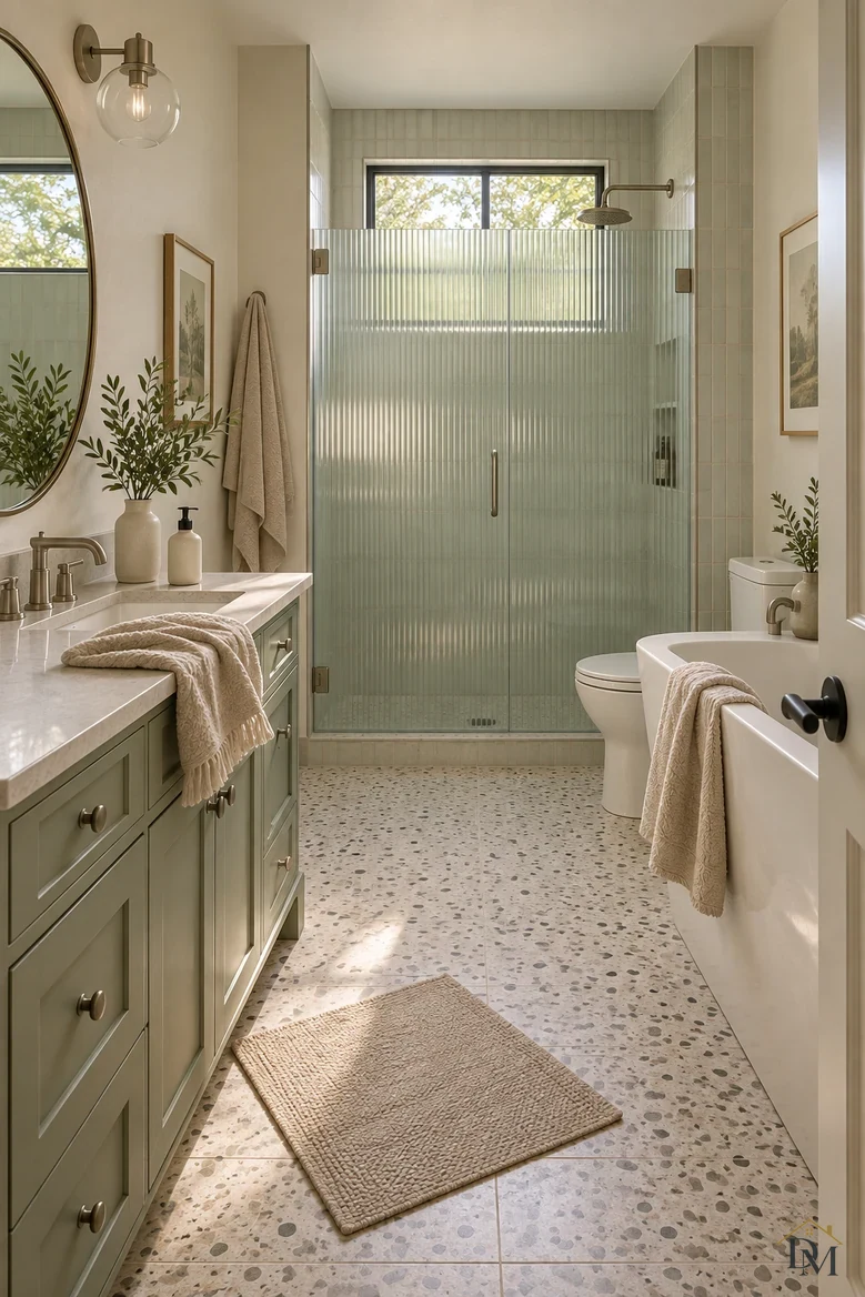 View A: towels draped over the counter and the tub edge, bath mat pushed at an angle.