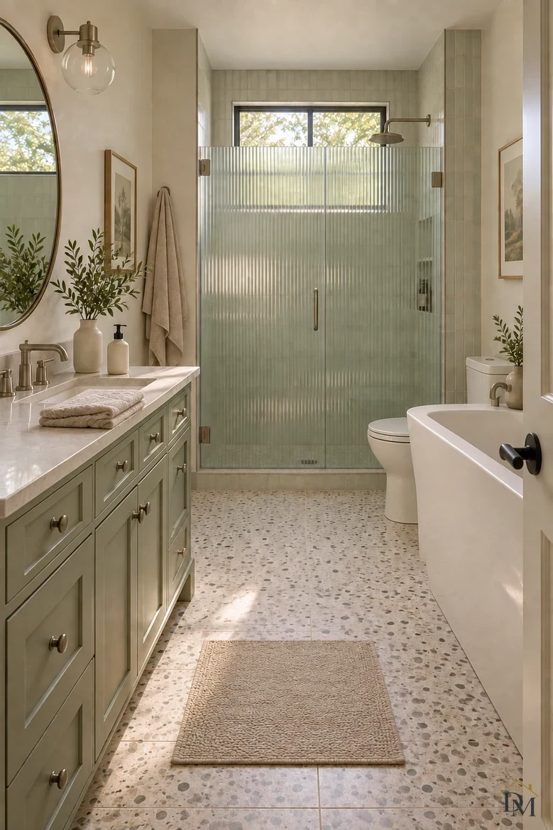 View B: towel folded on the counter, tub edge clear and the mat squared.