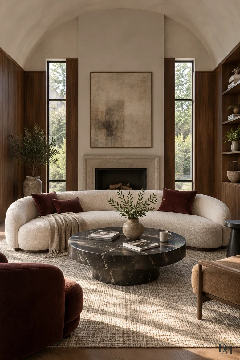 View A: a knit throw over the curved sofa, books and a mug on the dark marble table.