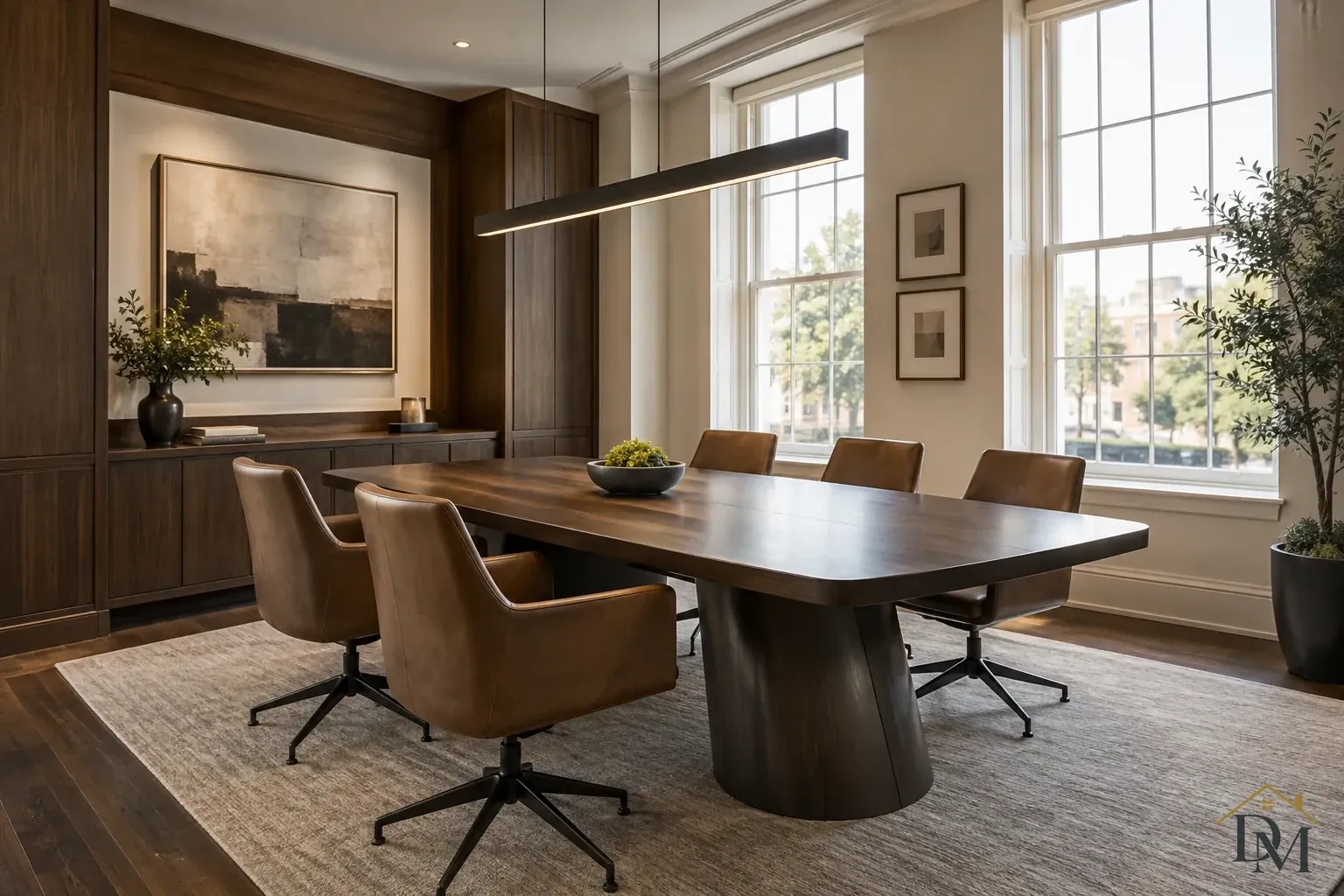 Dark wood conference table with brown chairs and a long black pendant beside tall white-framed windows and wood cabinets.