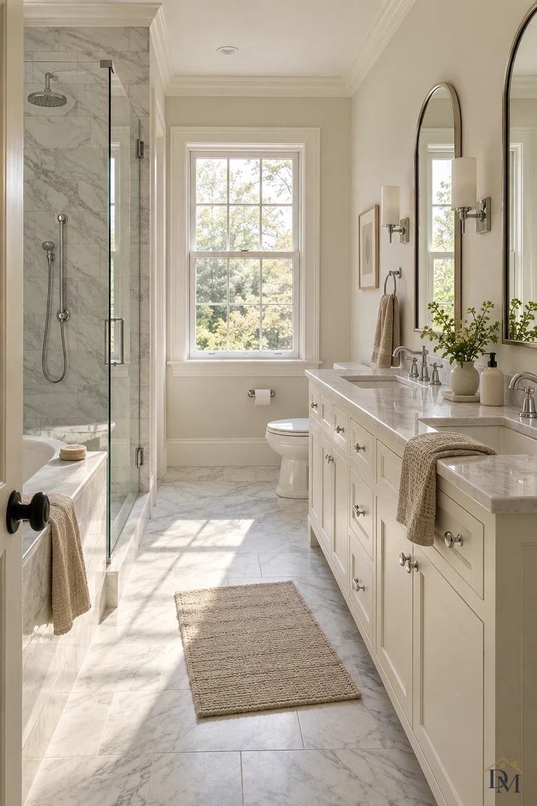 Before: towels draped over the vanity edge and the tub.