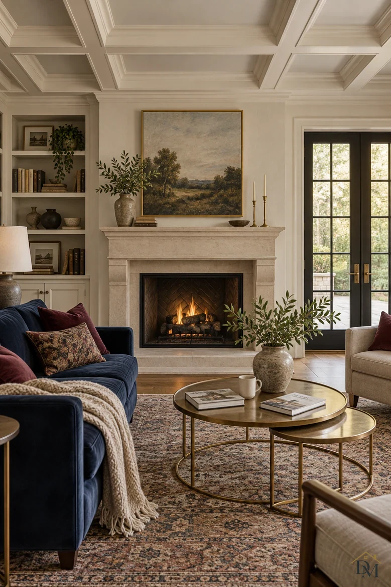 Before: a cream throw over the navy sofa, books and a mug on the brass table.