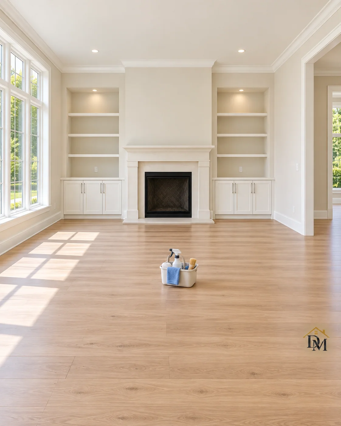 First view: the supply caddy on the bare floor facing the fireplace.