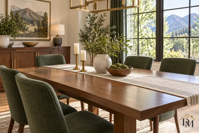 Living room with a pale sectional, coffee table and built-in shelves, dusted, vacuumed and straightened for the next guests.