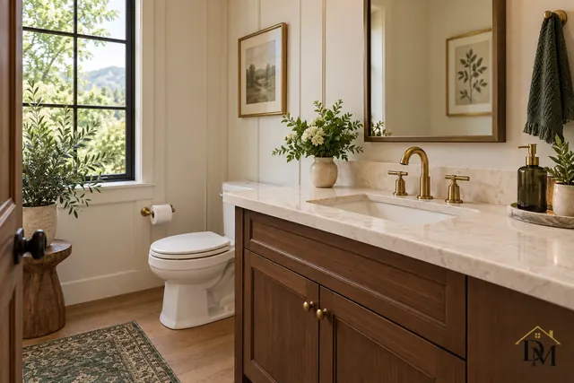 Bathroom vanity with a round mirror and folded towel, basin, faucet and mirror cleaned between stays.