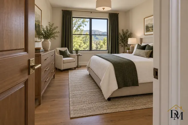 Front entry with a wood door, console table and stairs, the first impression at check-in.