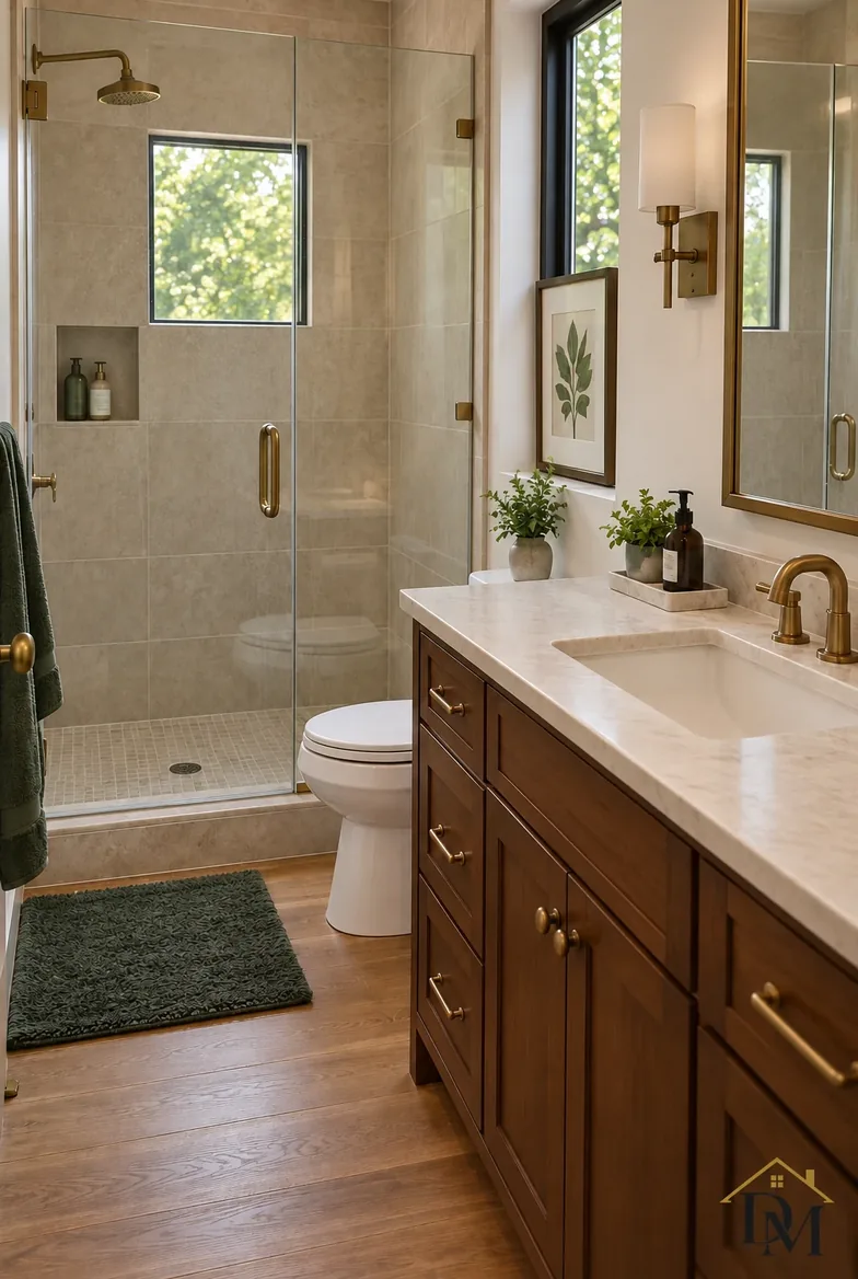 Guest bathroom view B, set for arrival: towel folded, counter clear, mat straight.