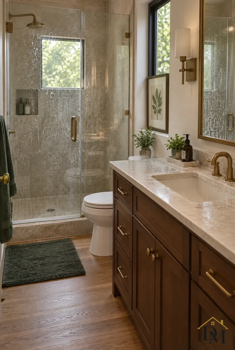 Guest bathroom view A, as a guest might leave it: towel on the vanity, mat askew.
