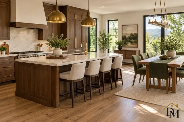 White kitchen cabinets and a wood island with pendant lights, the kitchen surfaces we include in an apartment or condo cleaning quote.