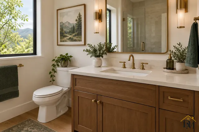 Bathroom with a double vanity, glass shower and tub, cleaned the same way whether your unit has one bath or two.