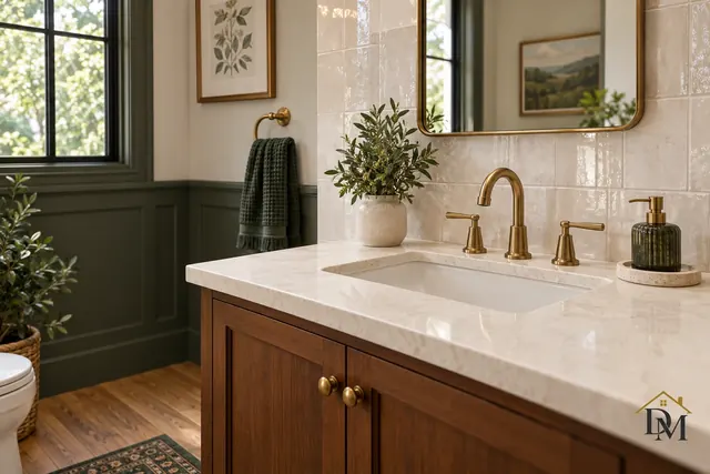Powder room with a pedestal sink and framed mirror, the half bath many condos have near the entry.