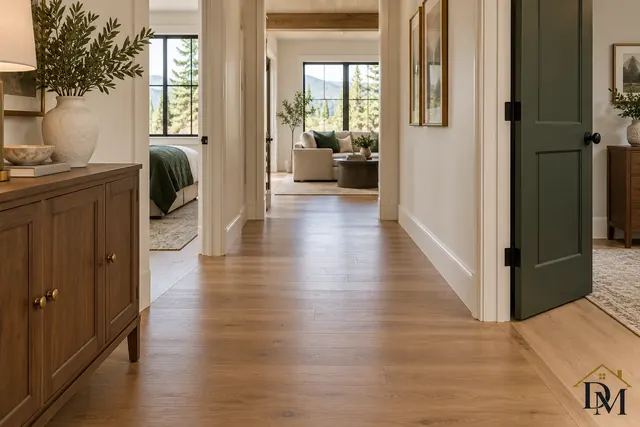 Wood-floored hallway into the living area; floors cleaned inside your unit.