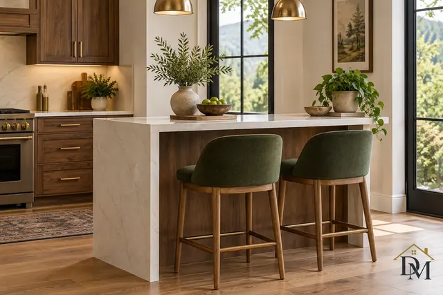 Round table and cushioned window bench, the kind of breakfast corner we wipe down in your unit.
