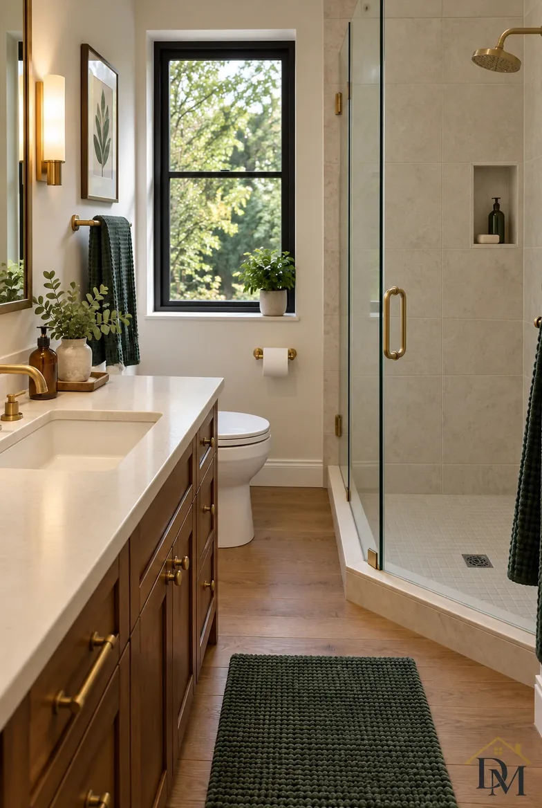 Bathroom view B, the same bathroom reset: towel folded, vanity clear.