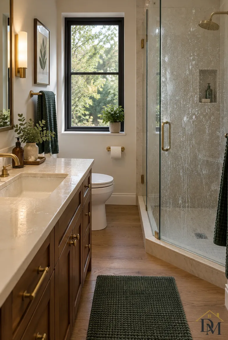 Bathroom view A in a lived-in unit: towel over the vanity, mat pushed aside.