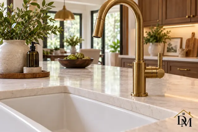 White kitchen cabinets and a wood island with pendant lights; cabinet fronts, island edges and counters get extra time on a deep clean.