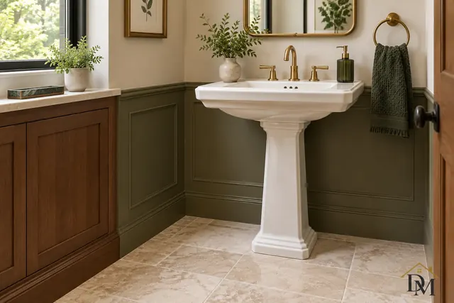 Powder room with a pedestal sink, framed mirror and wall lights; the sink base and fixtures are detailed, not just wiped.