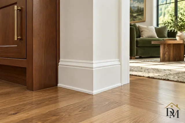 Bedroom with a wood dresser, mirror and luggage rack; dresser top, mirror frame and baseboards are dusted in detail.