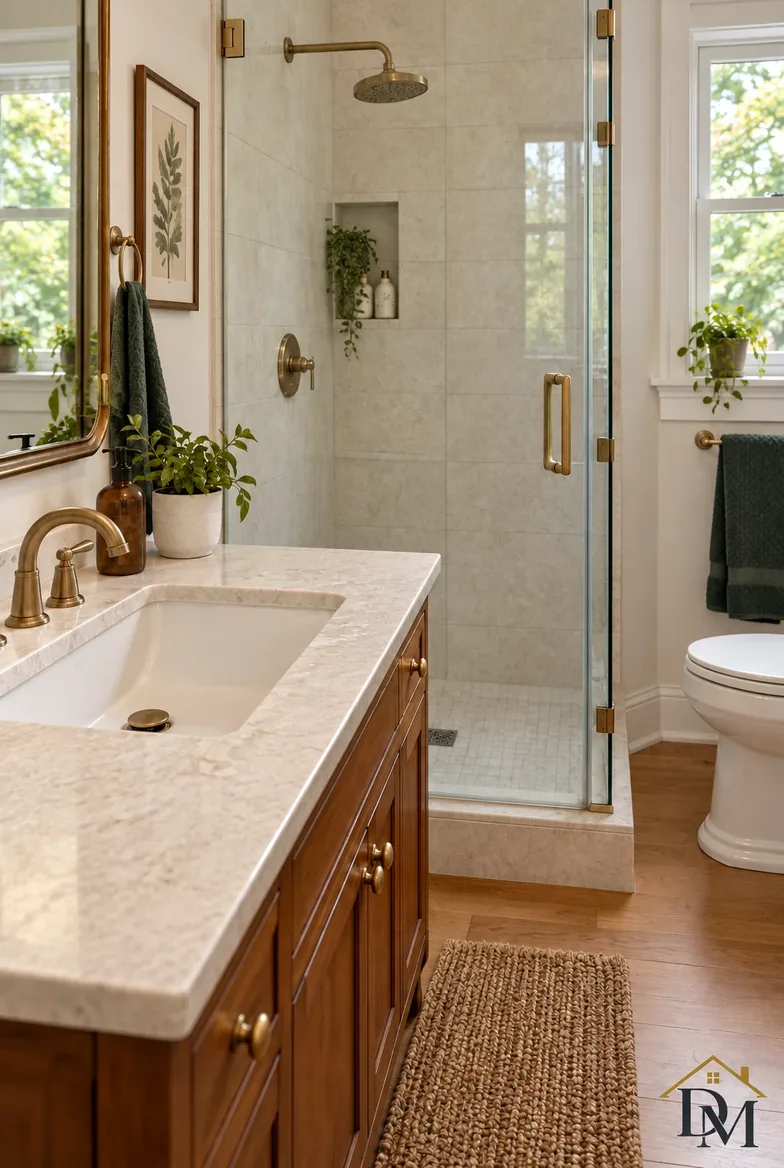 Bathroom view B: vanity edge clear and the glass shower in full view.