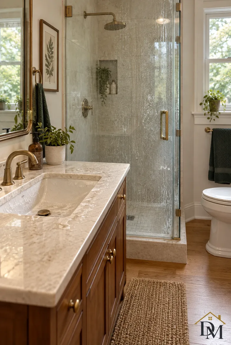 Bathroom view A: vanity edge covered by a towel, bath mat out of place.