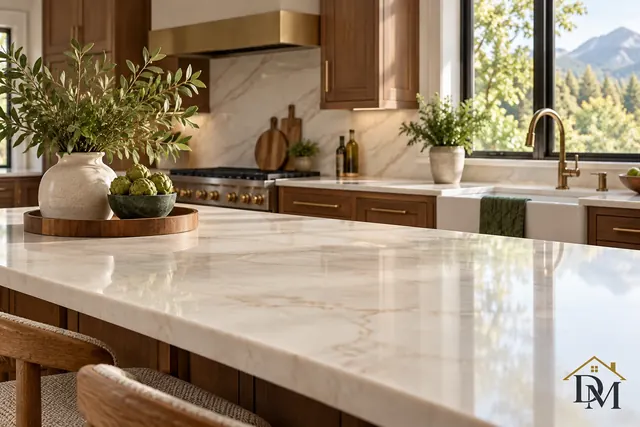 White kitchen cabinets and a wood island with pendant lights, cleaned with the products we agree with you before booking.