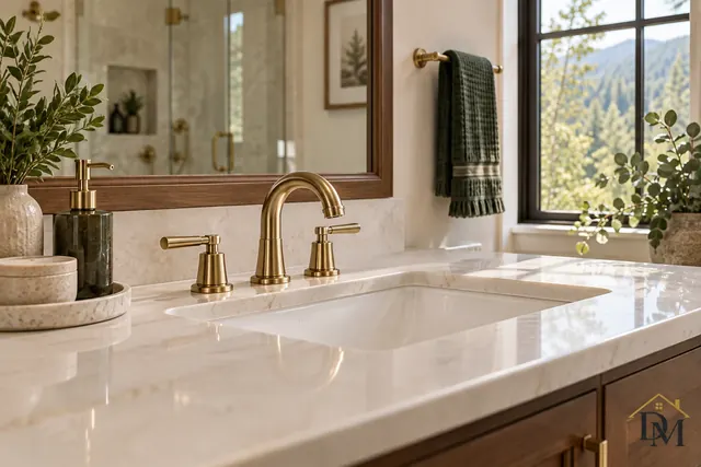 Kitchen island seating and pale countertops by wide windows; tell us the counter material so we use a product safe for it.