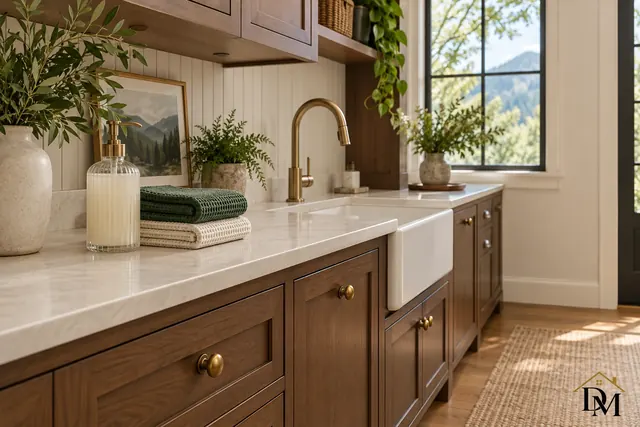 Laundry room with a washer, dryer and open shelves; machine fronts wiped with the products you choose.
