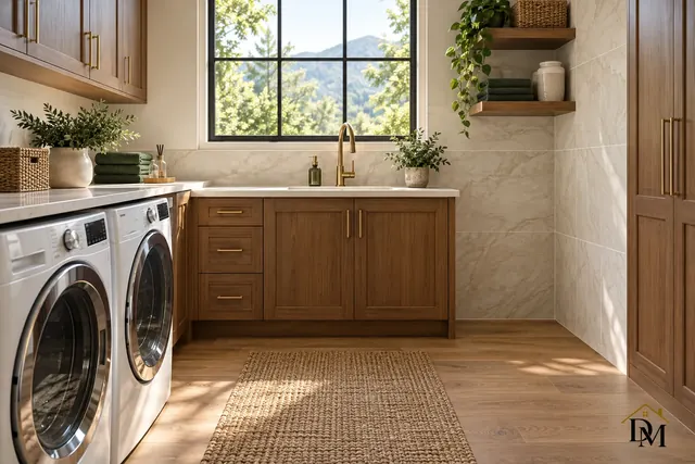 Bathroom vanity with a round mirror and folded towel, basin and mirror cleaned with the products you approve.