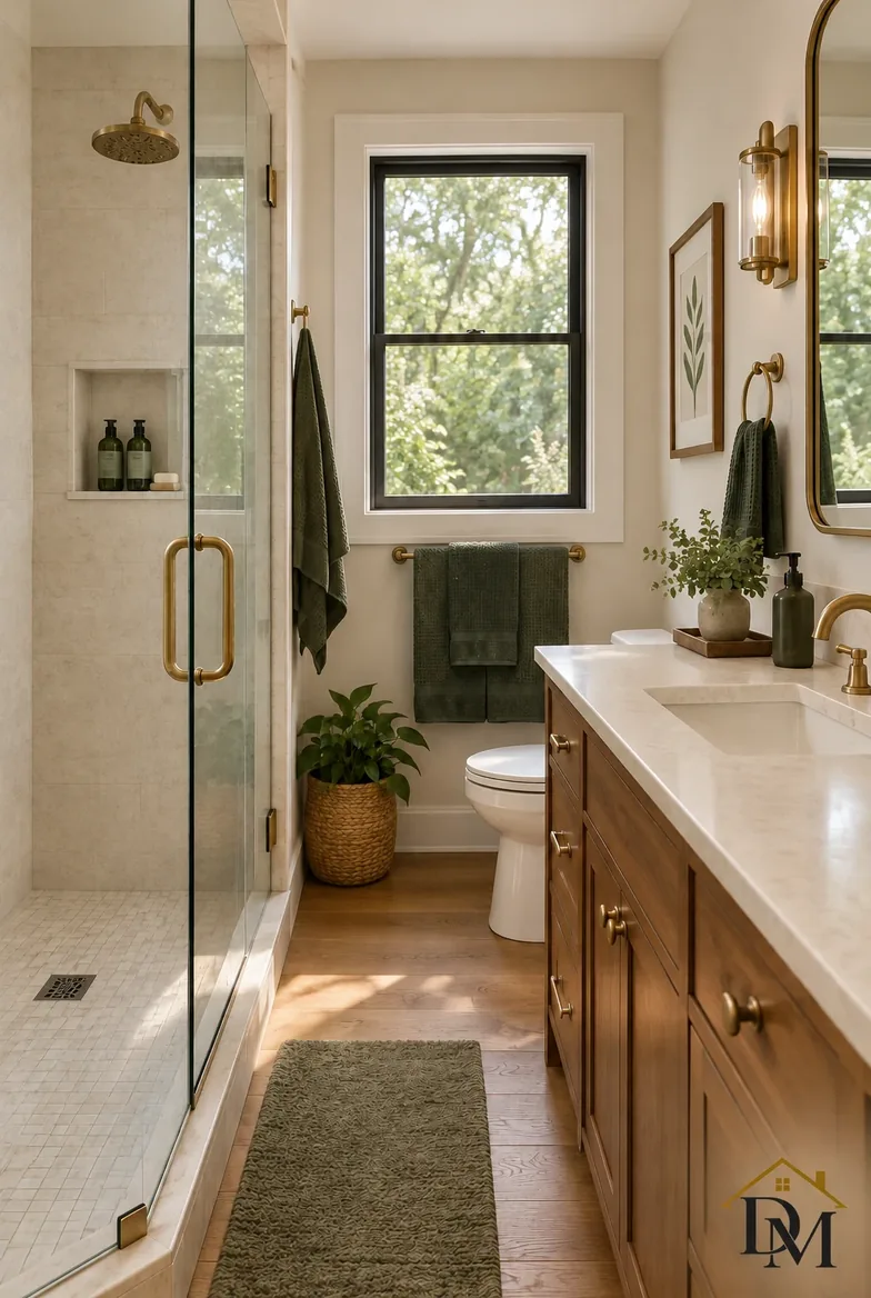 Bathroom view B on the eco-friendly page: towel folded beside the sink, mat square to the tub.