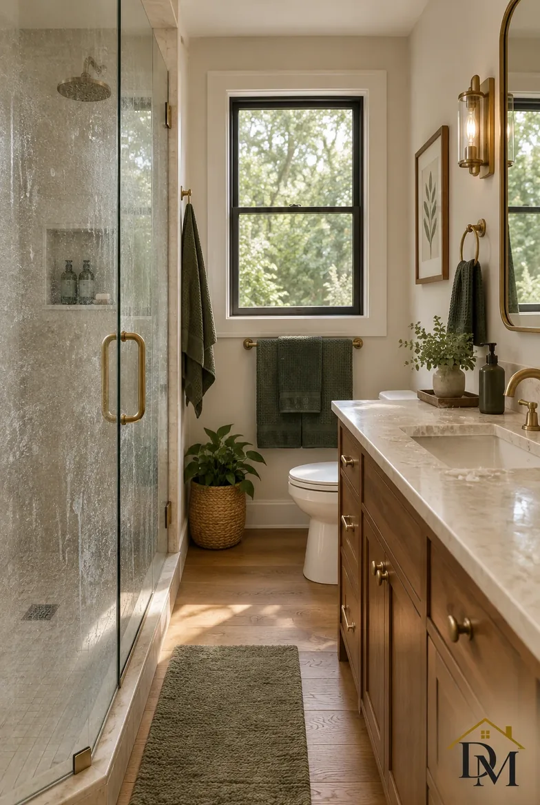 Bathroom view A on the eco-friendly page: towel draped over the counter, mat angled.