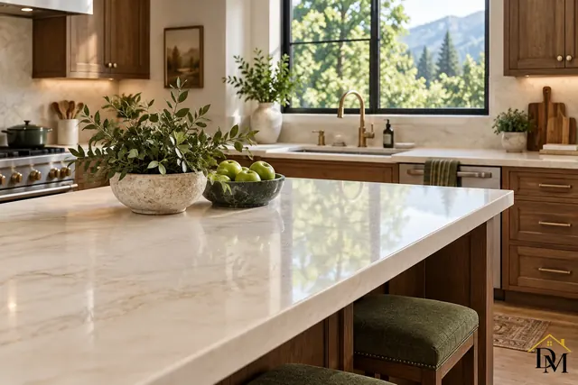 Kitchen island seating and pale countertops by wide windows, wiped weekly, biweekly or monthly by the same crew.