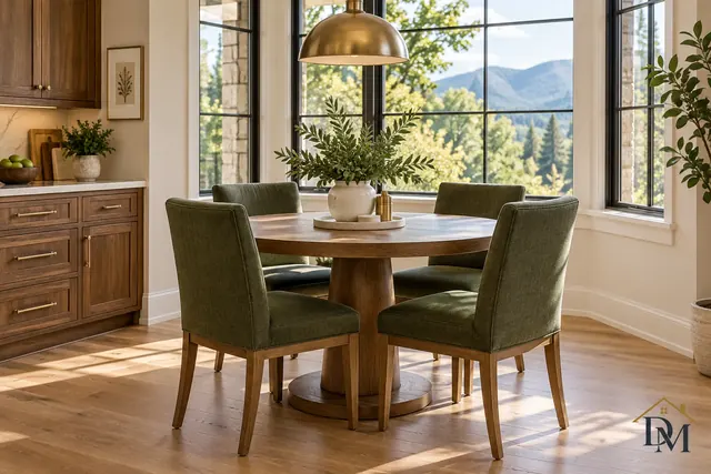 Wood dining table and upholstered chairs under a pendant light, wiped and vacuumed on each recurring visit.