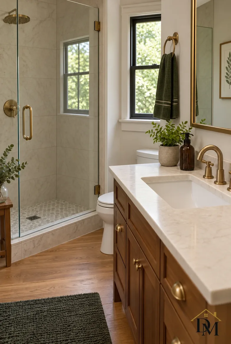 Bathroom view B on a visit day: towel folded, counter clear, mat straight.