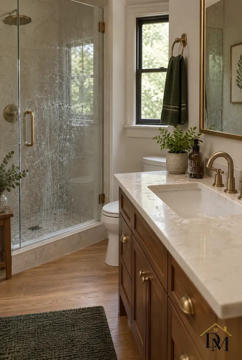 Bathroom view A, midweek between visits: towel over the vanity, mat askew.