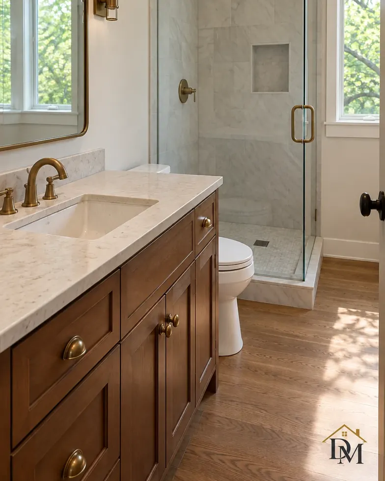 The same empty bathroom ready before you unpack, supplies gone and surfaces finished.