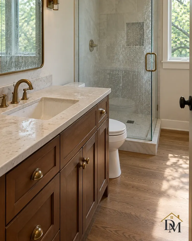 Empty bathroom during the move-in clean, with the caddy and mop by the vanity.