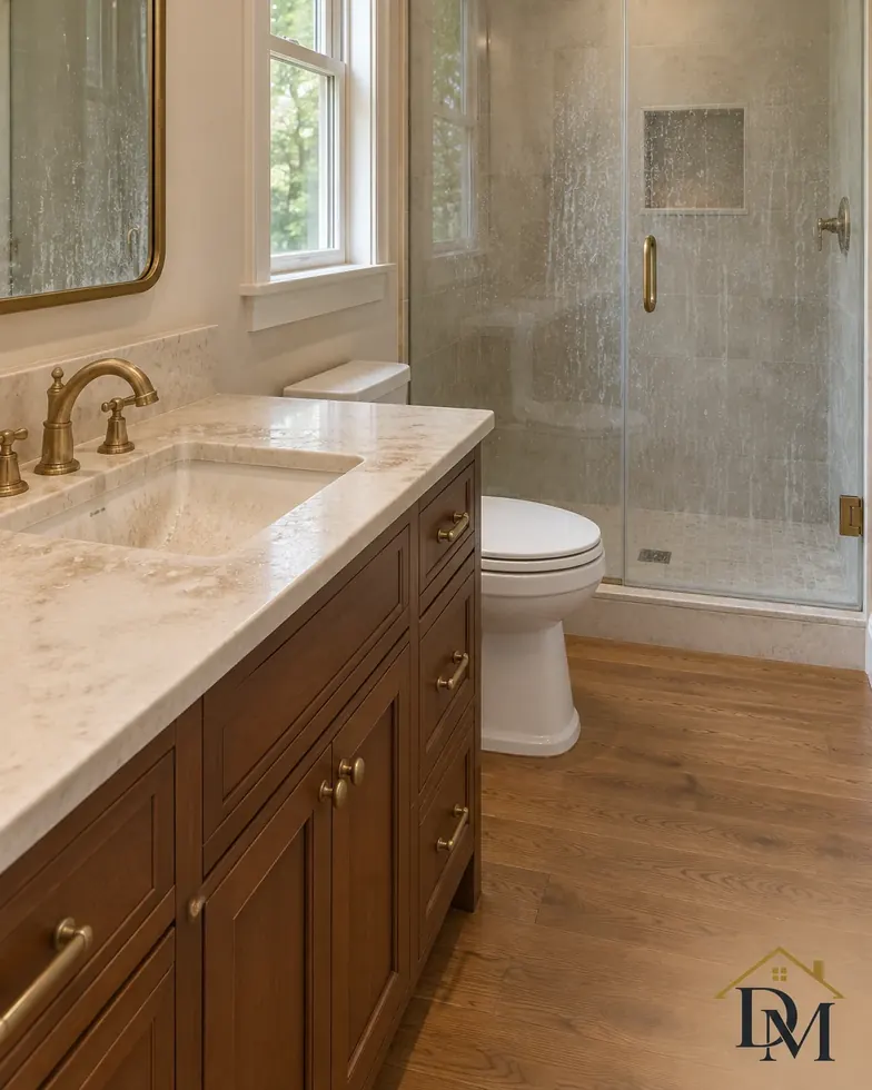 Empty bathroom during the move-out clean, with the caddy and mop by the vanity.