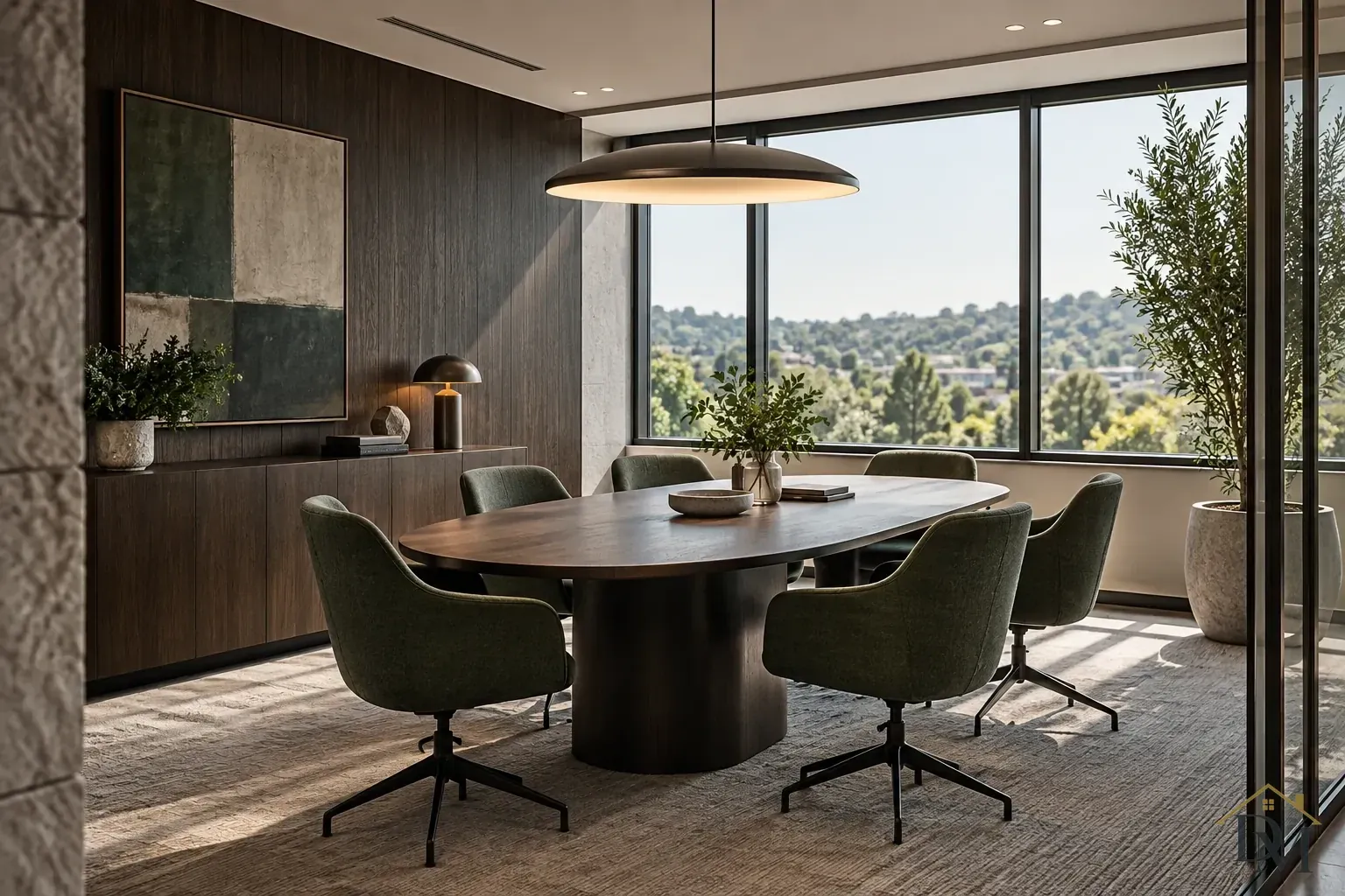 Meeting table and chairs beside large windows