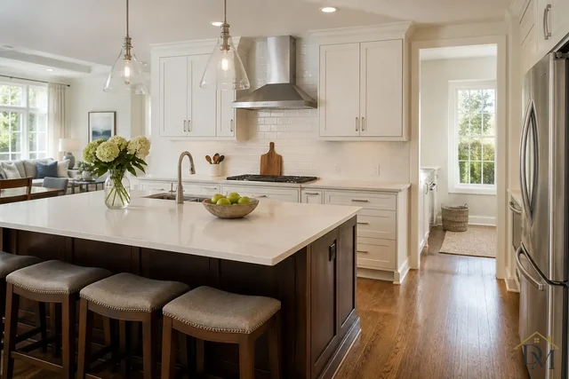 White kitchen cabinets and a wood island with a pale countertop, stools and pendant lights, the kind of kitchen we clean on every house-cleaning visit.