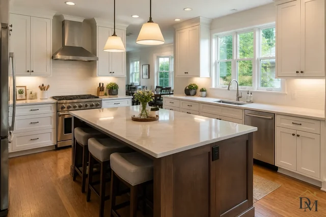 Kitchen island seating and pale countertops beside wide windows, wiped counter to backsplash on each house-cleaning visit.