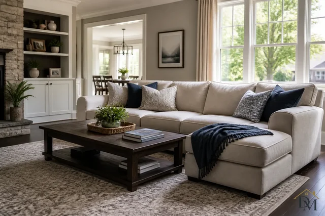 Living room with a pale sectional, dark coffee table and built-in bookshelves, dusted and vacuumed on a regular house-cleaning visit.