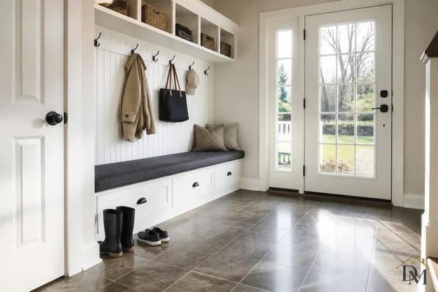 Mudroom with a cushioned storage bench, hooks, drawers and a glazed door; entry floors take the most traffic in a Mountainside house.