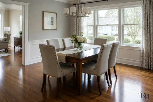 Wood dining table with upholstered chairs under a pendant light and large windows, dusted and wiped on each house-cleaning visit.