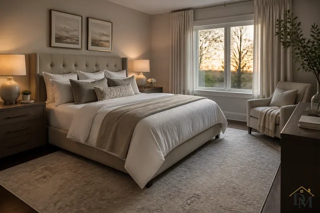 Bedroom with an upholstered bed, bedside lamps, an armchair and a rug; surfaces dusted and floors vacuumed on a house-cleaning visit.