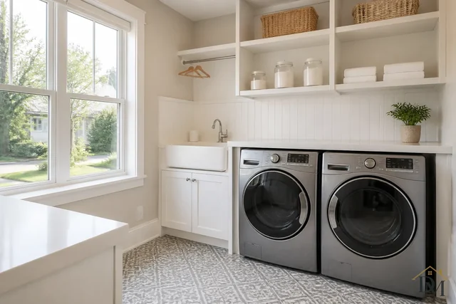 Laundry room with a front-loading washer and dryer, sink counter and open shelves; machine fronts and counters get a light wipe.