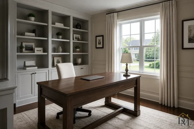 Home office with a wood desk, office chair and gray built-in shelves, dusted around your papers without moving them.